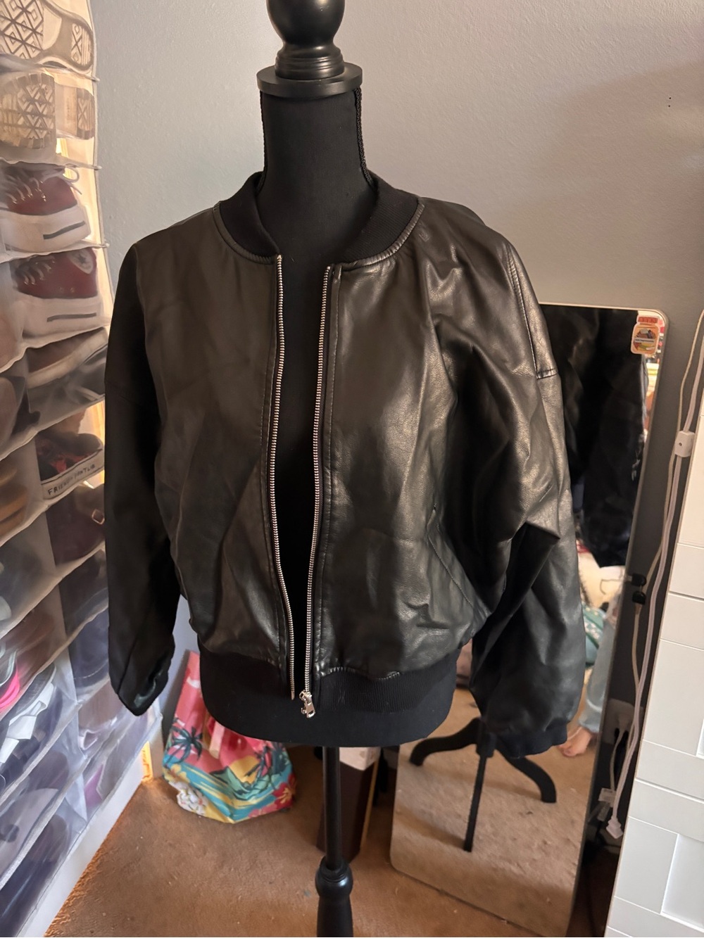 Women's Black Leather Bomber Jacket - Contemporary Zip Front